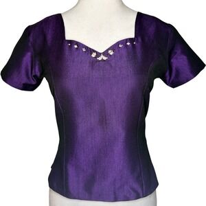 Vintage Dupioni Silk Beaded Short Sleeve‎ Womens Top Medium Romantic Y2K Retro